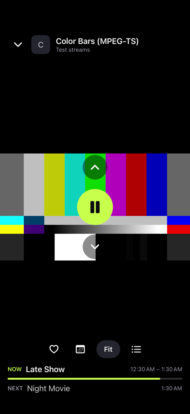 The IPTV playing a color bars test stream, with what's on now and next from the TV guide